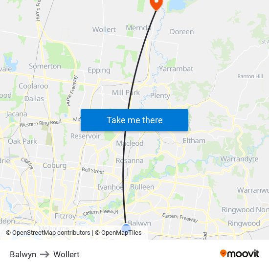 Balwyn to Wollert map