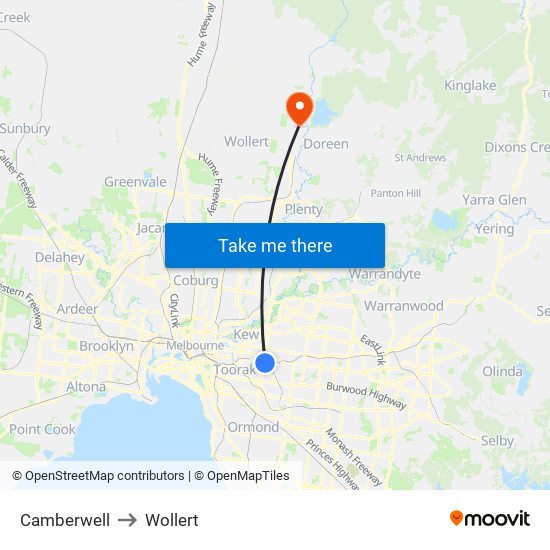 Camberwell to Wollert map