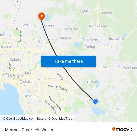 Menzies Creek to Wollert map