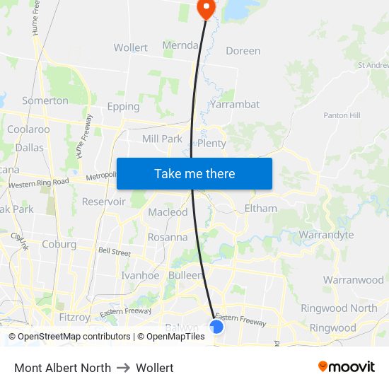 Mont Albert North to Wollert map