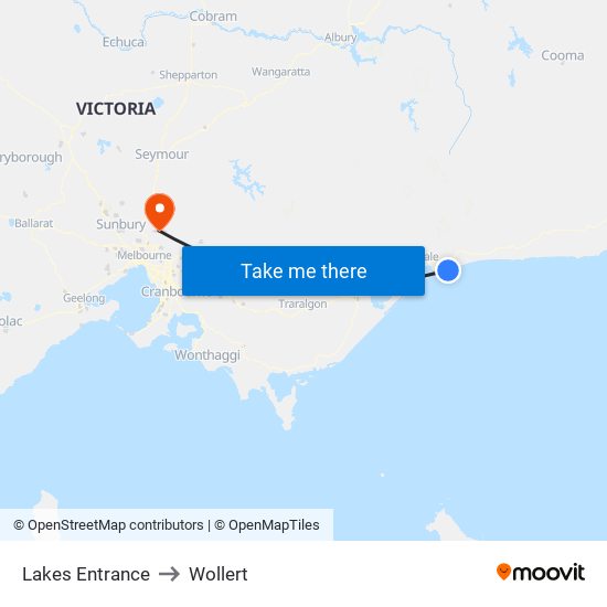 Lakes Entrance to Wollert map