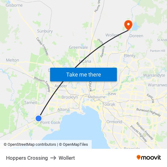 Hoppers Crossing to Wollert map