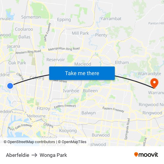 Aberfeldie to Wonga Park map