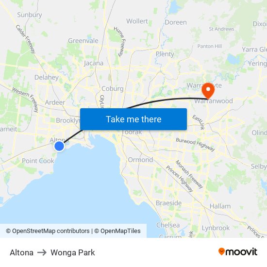 Altona to Wonga Park map