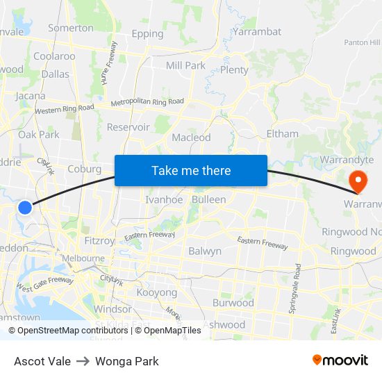 Ascot Vale to Wonga Park map