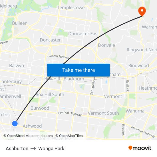 Ashburton to Wonga Park map