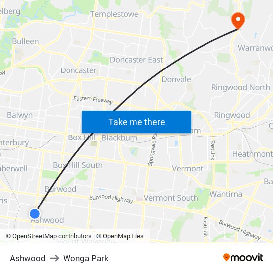 Ashwood to Wonga Park map