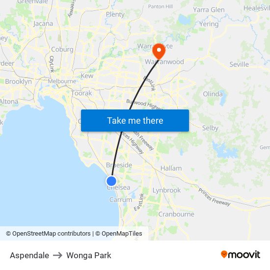 Aspendale to Wonga Park map
