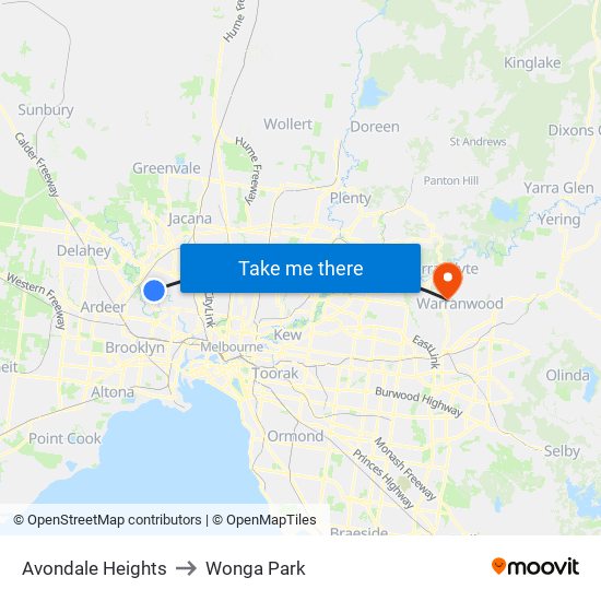 Avondale Heights to Wonga Park map