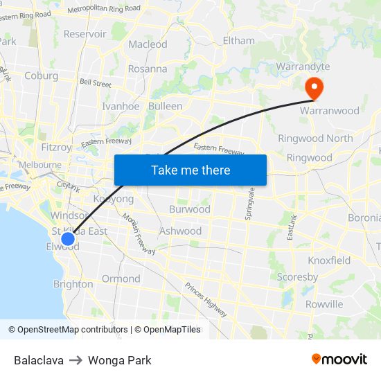 Balaclava to Wonga Park map