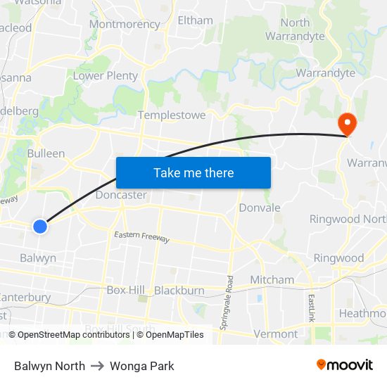 Balwyn North to Wonga Park map