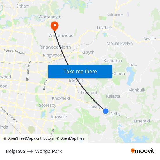 Belgrave to Wonga Park map