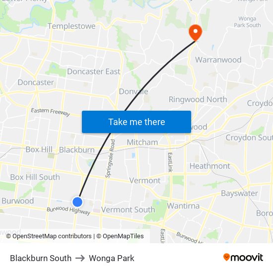 Blackburn South to Wonga Park map