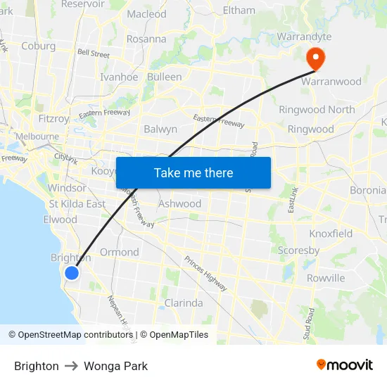 Brighton to Wonga Park map