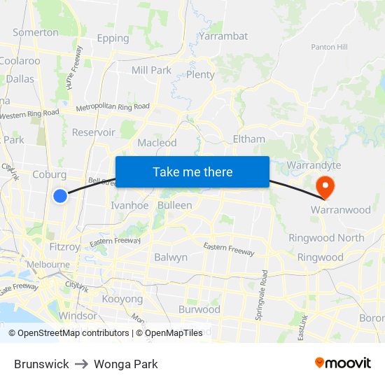 Brunswick to Wonga Park map