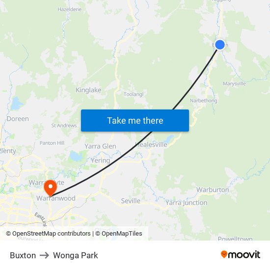 Buxton to Wonga Park map