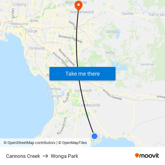 Cannons Creek to Wonga Park map