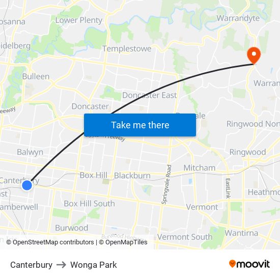 Canterbury to Wonga Park map