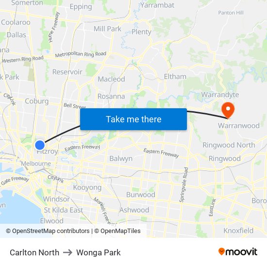 Carlton North to Wonga Park map