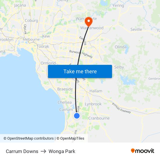 Carrum Downs to Wonga Park map