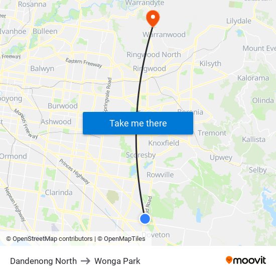 Dandenong North to Wonga Park map