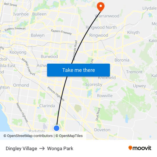 Dingley Village to Wonga Park map