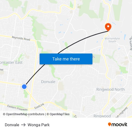 Donvale to Wonga Park map