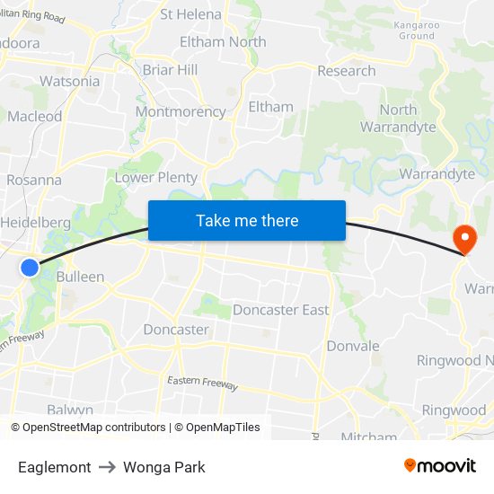 Eaglemont to Wonga Park map