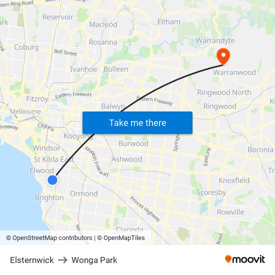 Elsternwick to Wonga Park map