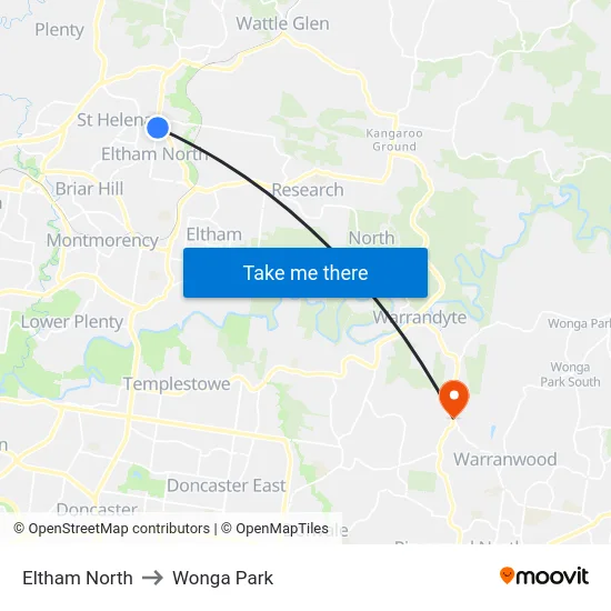 Eltham North to Wonga Park map