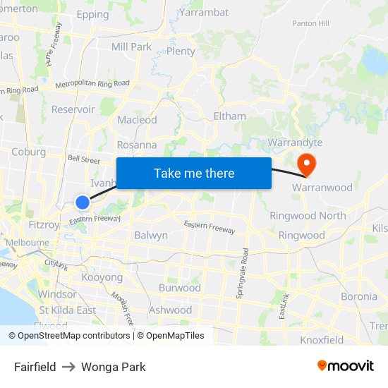 Fairfield to Wonga Park map