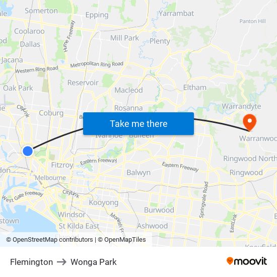 Flemington to Wonga Park map