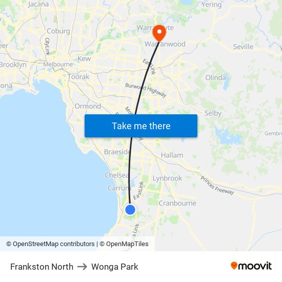 Frankston North to Wonga Park map