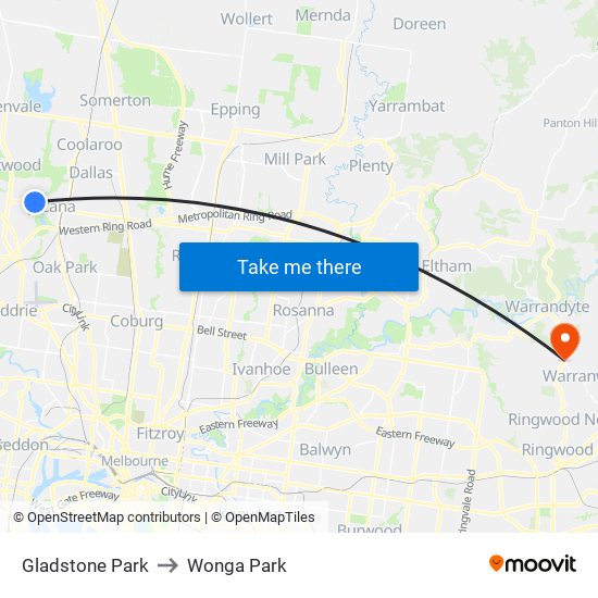 Gladstone Park to Wonga Park map