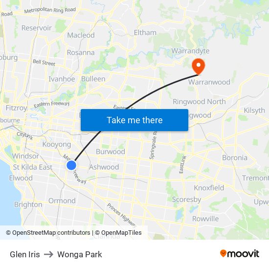 Glen Iris to Wonga Park map