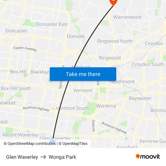 Glen Waverley to Wonga Park map