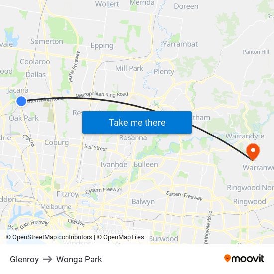 Glenroy to Wonga Park map