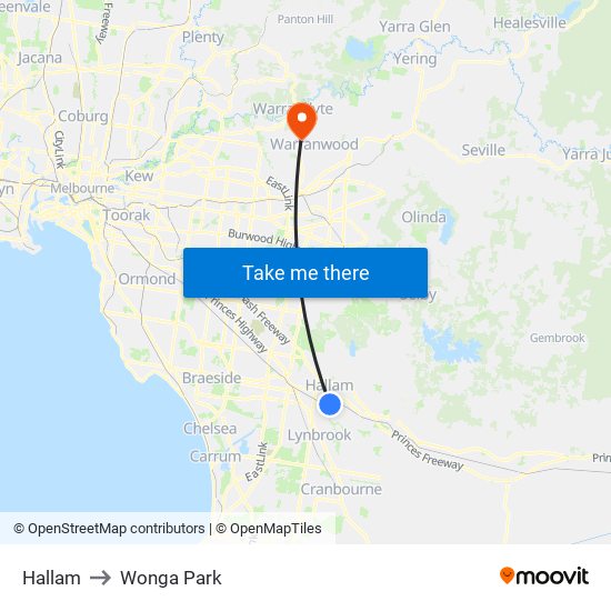 Hallam to Wonga Park map