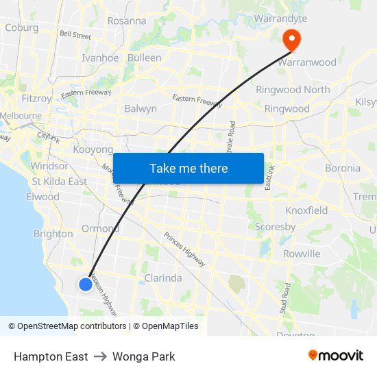 Hampton East to Wonga Park map