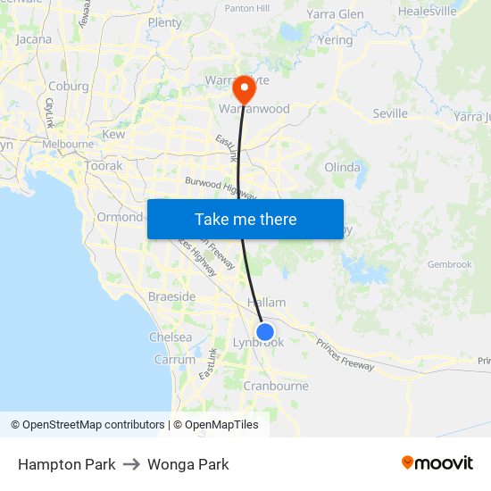 Hampton Park to Wonga Park map