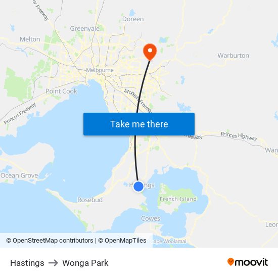 Hastings to Wonga Park map