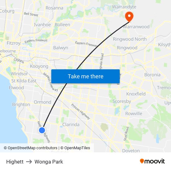 Highett to Wonga Park map