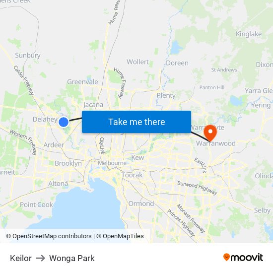 Keilor to Wonga Park map
