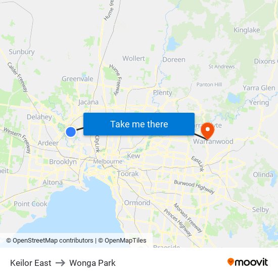 Keilor East to Wonga Park map