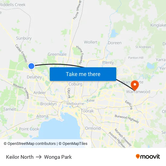 Keilor North to Wonga Park map