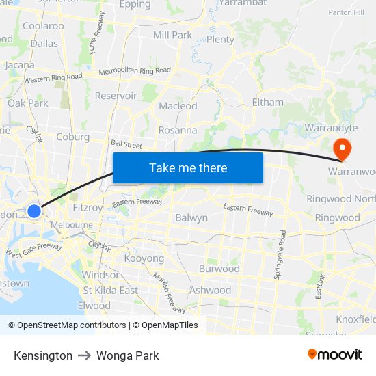 Kensington to Wonga Park map