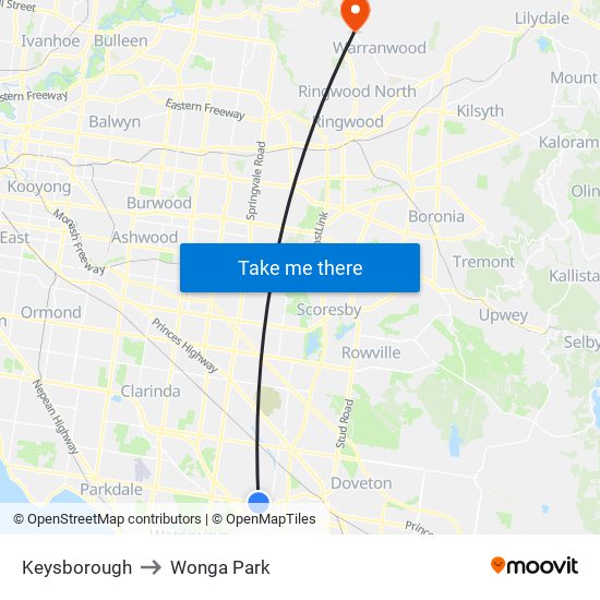 Keysborough to Wonga Park map