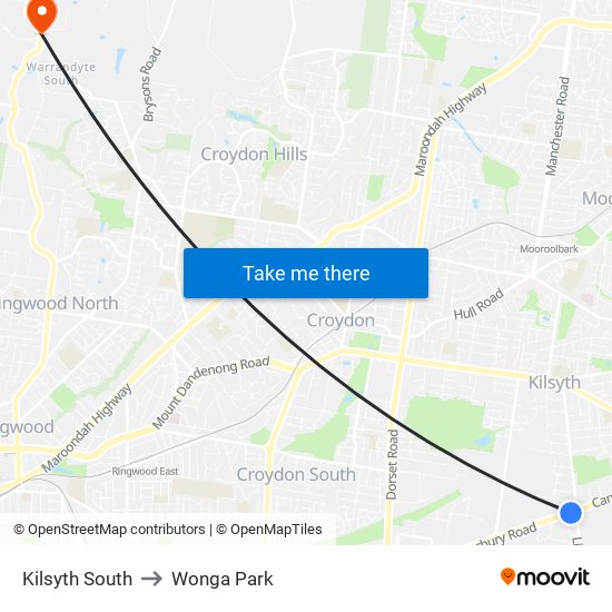 Kilsyth South to Wonga Park map