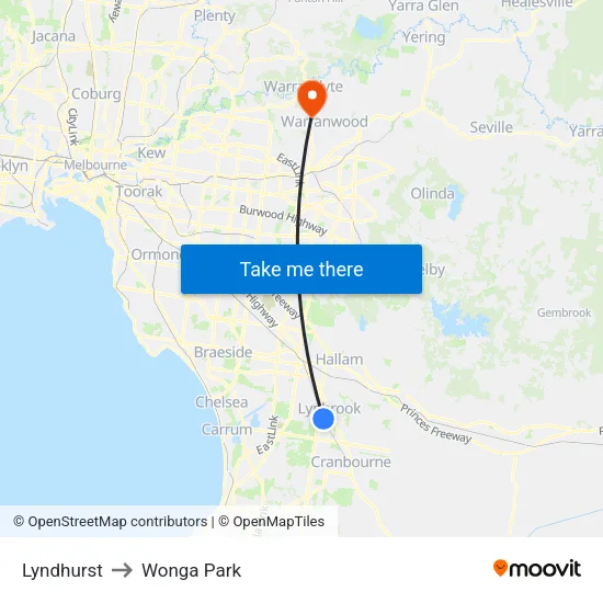 Lyndhurst to Wonga Park map