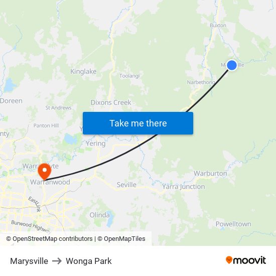 Marysville to Wonga Park map